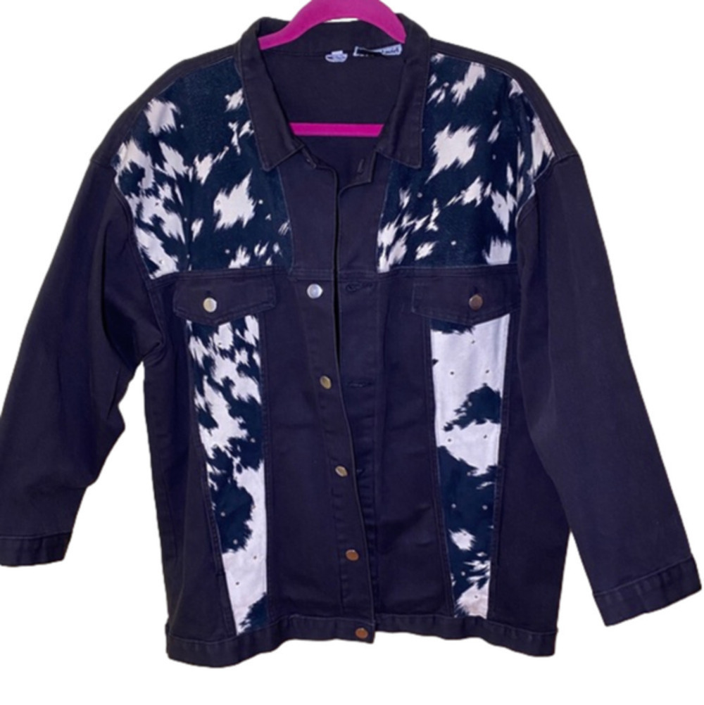 DAVID David vintage coastal cowgirl denim rhinestone cow print oversized jacket